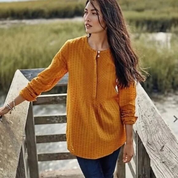 J. Jill Tops - J. Jill Golden Swiss Dot Pleated Textured Peasant Popover Blouse